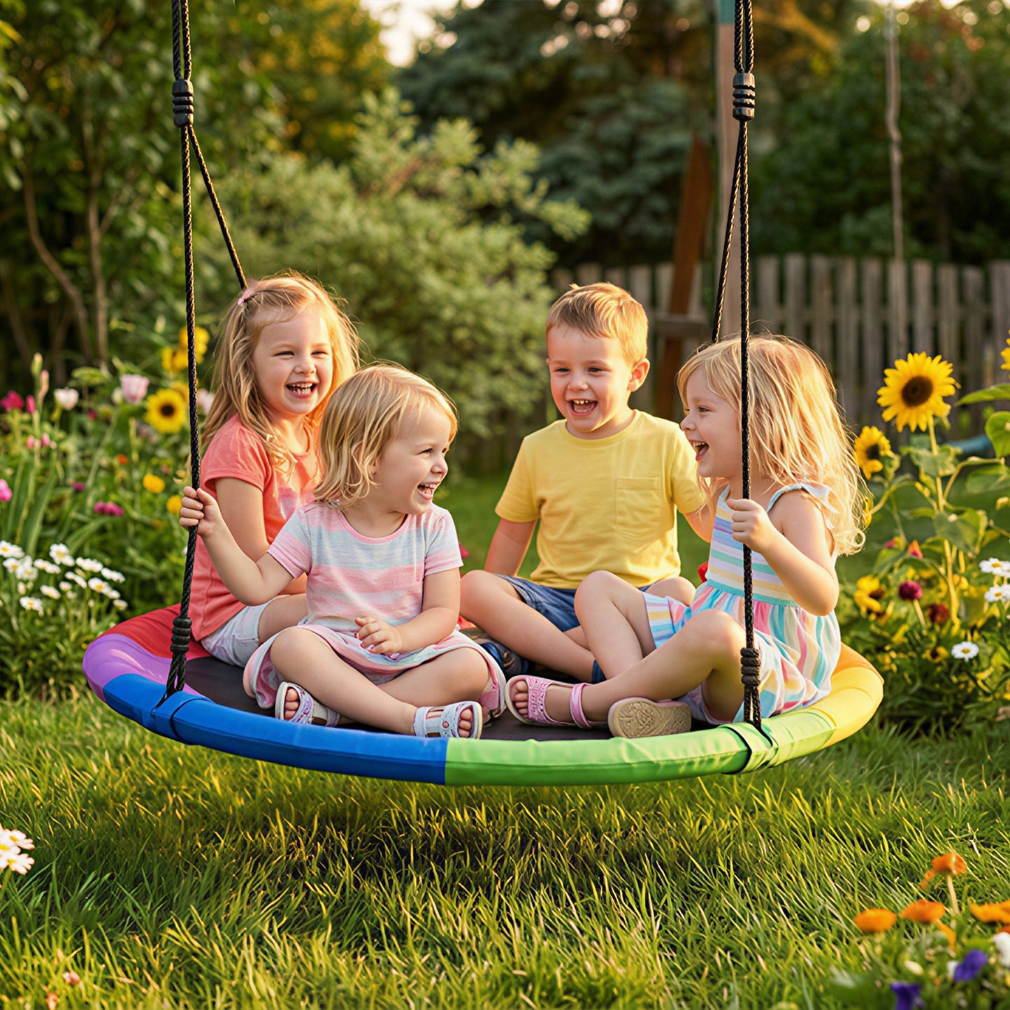 AIYAPLAY Tree Swing Seat, 120cm Kids Saucer Swing with Adjustable Ropes and Tree Straps, 300kg Capacity, Multicolour