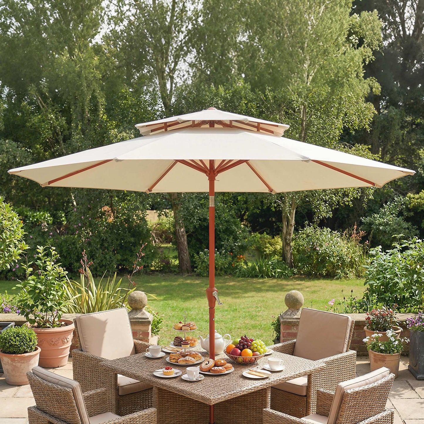 Outsunny 2.7 m Garden Parasol with Double Top Outdoor Market Table Umbrella with Crank System, Cream White