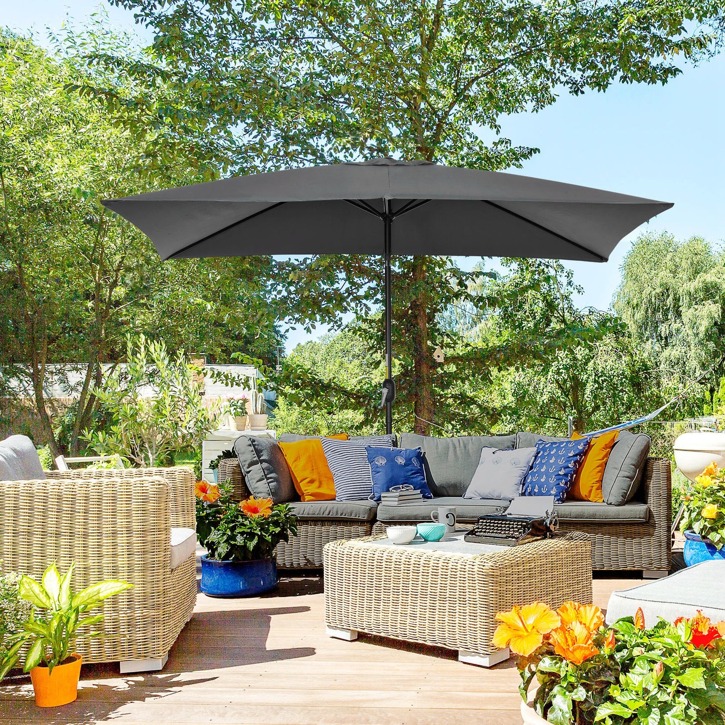 Outsunny 3x2m Garden Parasol Umbrella with Tilt and Crank, Outdoor Sun Shade Canopy with Aluminium Frame and Steel Ribs, Rectangular, Black