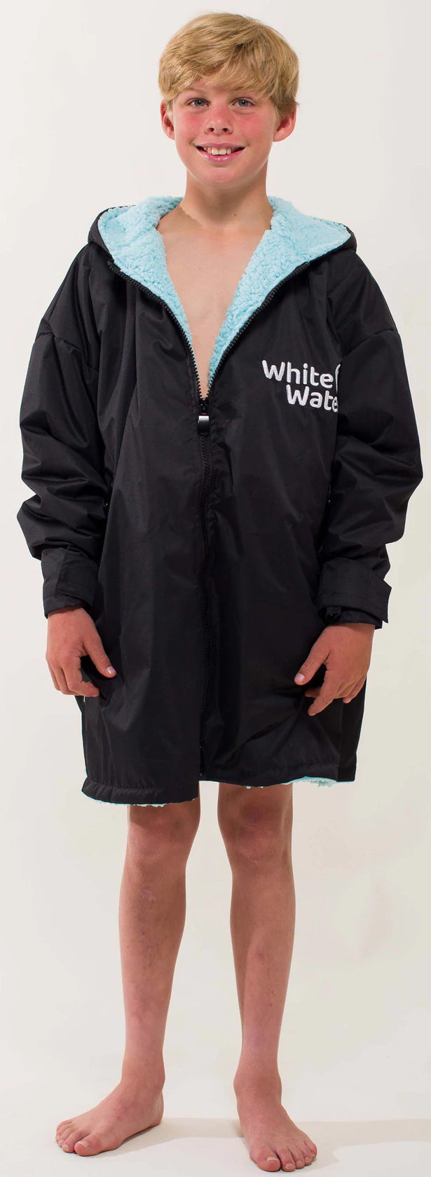 White Water KIDS Pro Changing Robe Black Outer-Shell, Blue Lining - waterworldsports.co.uk
